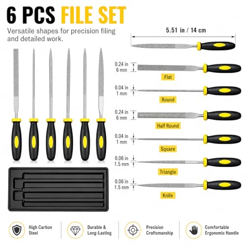 6pcs 140mm Mini Metal Rasp Needle Files Set, Wood Carving & Steel Filing Hand Tool for Woodworking