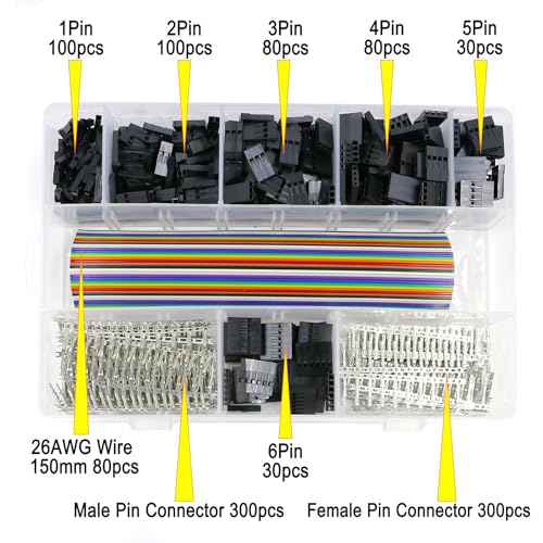 Jumper Wire Connector Kit for Dupont 2.54mm 1/2/3/4/5/6P Connector Housing Male/Female Pin Connector 26AWG Colored Wire Suitable for Electronic Products ((40Pin Wire*2 Set 1100 pcs)) - style: (40Pin Wire*2 Set 1100 pcs)