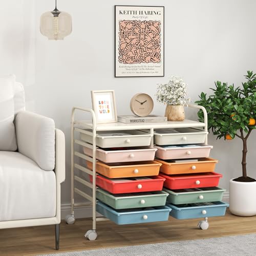 Giantex 12 Drawers Rolling Cart, Mobile Storage Drawer Cart, Classroom Organizer Cart for Office School Supplies Tools Scrapbook Paper Craft Small Printer, Utility Cart on Wheels, Macaron - color: Macaron, size: 12 Drawer-25”x15”x24.5”
