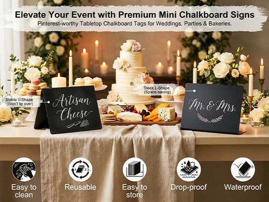 Mini Chalkboard Signs for Food - 12 Pack L-Shaped PVC Tabletop Chalkboard Tags, Erasable Food Labels for Party Buffet, Bakery, Wedding - Includes 2 Liquid Markers & 2 Cloths