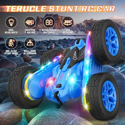 Terucle Remote Control Car, Rc Cars Stunt Toys New Upgraded Strip Lights and Headlights Toys Double-Sided 360° Rotating 4WD Drift Truck for Boys Girls Birthday Gift (Blue) - color: Blue