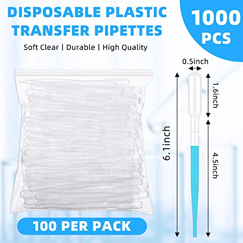 Buryeah 1000 Pcs 3ml Plastic Pipettes Droppers Disposable Transfer Pipettes Eye Dropper Small Graduated Transfers Dropper for Science Laboratory, DIY Art, Essential Oils Makeup