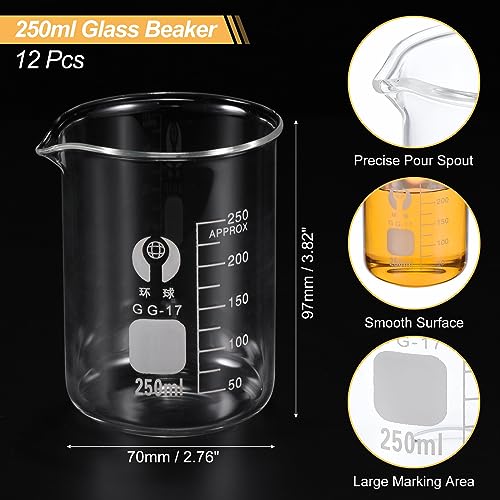 PATIKIL 250ml Low Form Glass Beaker, 12 Pack 3.3 Borosilicate Glass Graduated Printed Scale Measuring Cups with Spout for Kitchen Lab Liquids - size: 250ml