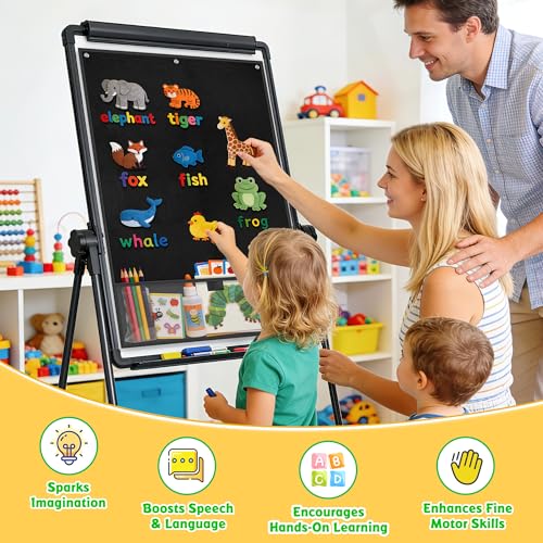 AKAYOK 24"x36" Felt Board for Classroom & Home - Flannel Story Board with Magnets, Transparent Pocket & 30 Self Adhesive Dots | Interactive Learning, Visual Schedule, Storytelling for Teachers & Kid - color: Black
