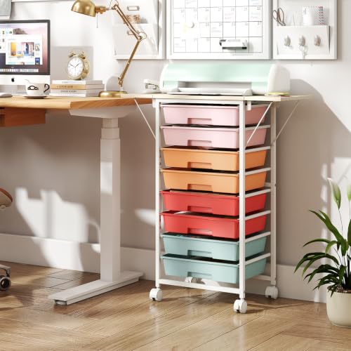 Giantex 8 Drawers Rolling Cart with Wheels, Folding Wood Top - color: Macaron, size: 8 Drawer-26.5"x11"x30"