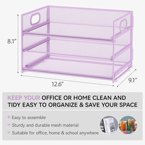 Subekyu 3 Tier Letter Tray Paper Organizer with Handle and 1 PC Sliding Tray, Purple Metal Mesh Desk File Folder Paper Sorter Organizer for Home Office School Desk Supplies Organization Storage - color: Purple, size: 12.6" x 9.1" x 8.1"