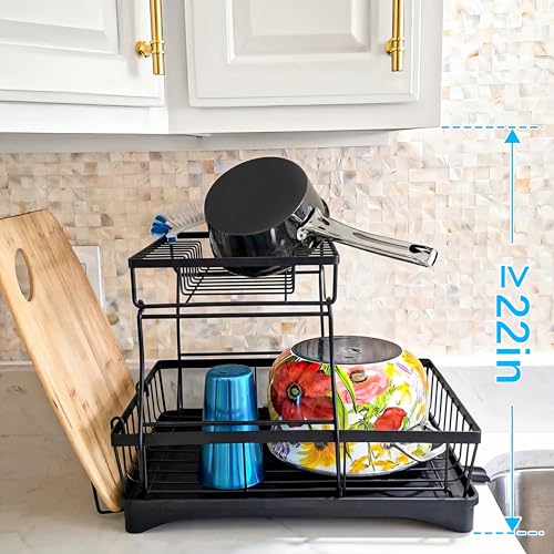 7 code 2-Tier Large Dish Drying Rack for Kitchen Counter, Black - color: Black