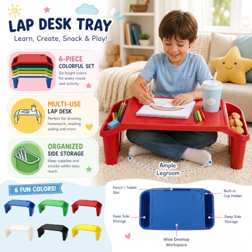 6 Pack Kids Lap Desk with Storage Slots, Stackable Portable Lap Tray - Multicolor Kids Plastic Table, Activity Tray for Bed Classroom Laptop Children Car Activity Eating Floor, 19.7x9.8x7.1 in - color: Red+green+yellow+blue+black+white