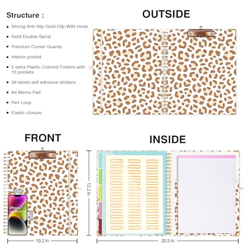 Ospelelf Clipboard with Storage 8.5 X 11,Padfolio Organizer, Spiral Portfolio Letter Size with Notepad, Pen Holder, 5 Extra Folder Divider Pages, Elastic Closure Nurse Office Essentials Leopard - color: Leopard
