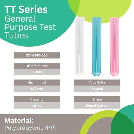 Caplugs Evergreen 214-2380-030 TT Series – Round Bottom Non-Sterile General Purpose Test Tubes 1000 Pack, Natural, Polypropylene, 17x100mm, 16 mL Laboratory Testing, Clarity, Chemically Resistant