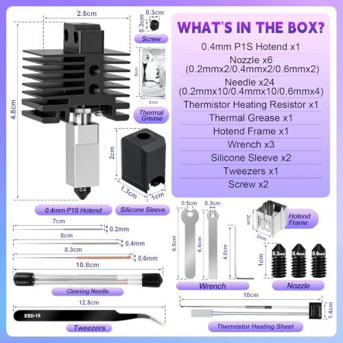 Hotend Kit for Bambu Lab P1P/P1S, 3D Printer Hot End Replacement with Hardened Steel Nozzle 0.2/0.4/0.6mm, High Speed & Temperature Extruder Heating Block Hot End for Bambu Lab P1P/P1S 3D Printers - size: P1S Hotend Kit-3