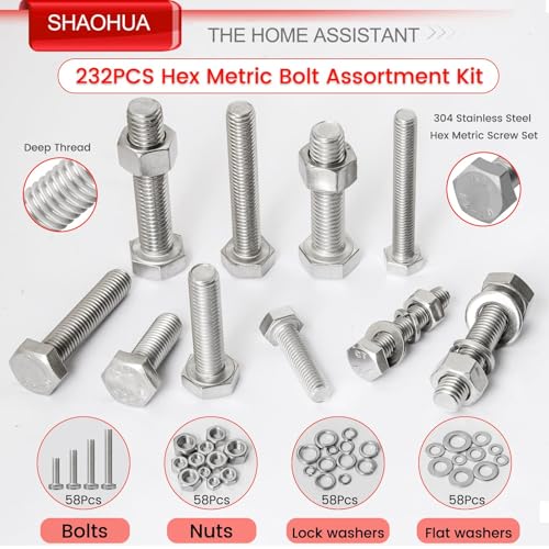 M6 M8 M10 M12 Metric Bolts and Nuts Assortment Kit 16mm to 60mm 304 Stainless Steel Hex Head Nuts Bolts Washers Assortment 15 Metric Size Nuts and Bolts Assortment Kit w/Storage Case, 232PCS, SHAOHUA - color: Silver - 232PCS M6 M8 M10 M12