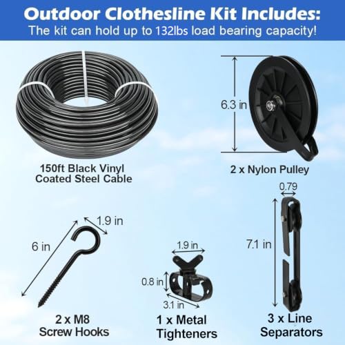 Outdoor Clothesline Kit, Black Clothes Line Pulley Kit Heavy Duty - size: 150FT Black
