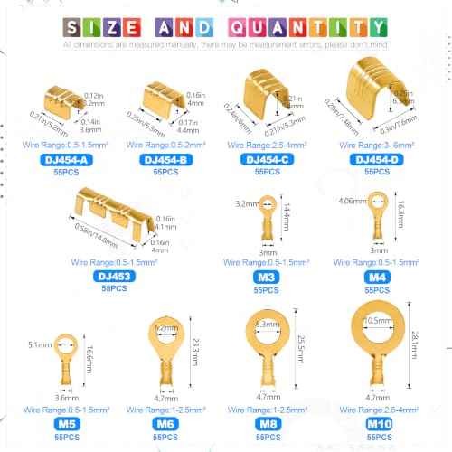Glarks 660Pcs 2 Types Copper Wire CrimpTerminal Assortment Set Non-Insulated Copper Ring Spade Butt Lugs Open Barrel Connectors Kit