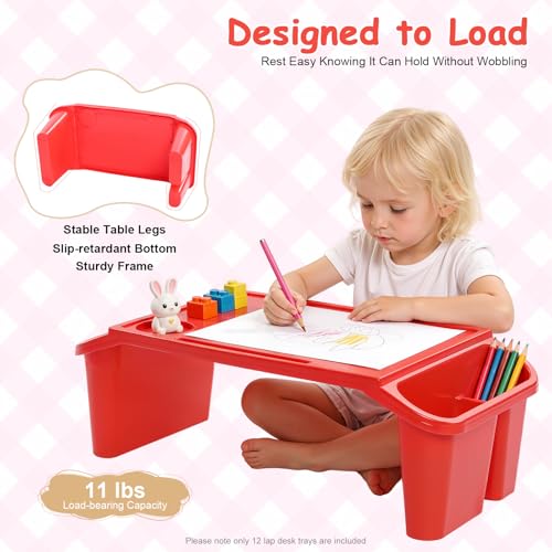 12 Pack Kids Lap Desk, 19.69inch Length Portable Activity Tray with Side Storage, Stackable Plastic Breakfast Laptop Trays for Home, Classroom, Daycare (Red)