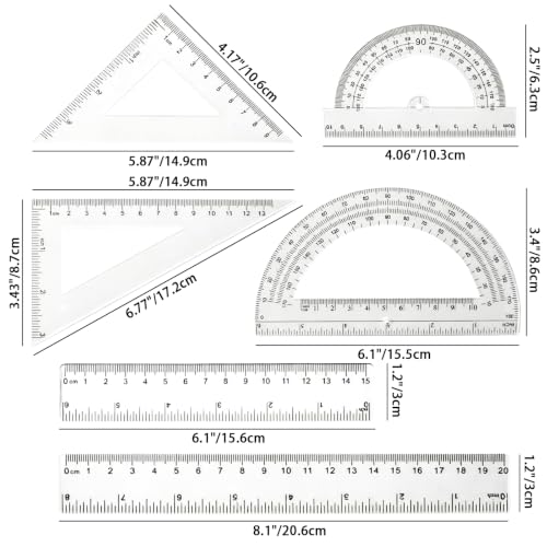 6PCS Plastic Ruler, Triangular Ruler & Protractor Set for School, Office