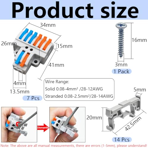 CESFONJER 2-in-6-out Lever Terminal Block Kit, Fast Splicing Wire Connectors, Dual Input to Six Output, DIN Rail/Screw Mountable, 28-12AWG, 7 Pack with Accessories - color: set2