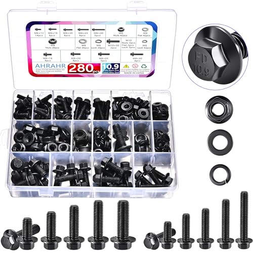 280Pcs Metric Flange Bolt Assortment, M6x1.0, M8x1.25, M10x1.5 (12mm to 30mm) Assorted Hex Bolts and Nuts Washers Kit for Automotive, 10.9 Black Zinc Galvanized - color: Black-Flange M6 M8 M10 Hex Bolts 280Pcs