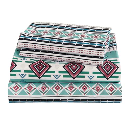 CozySmile 4 Pieces King Sheet Set Bohemian, Boho Sheets Soft Microfiber Deep Pocket, Western Sheets Geometric(King, Mint Coral Striped) - color: B-mint Coral Striped, size: King