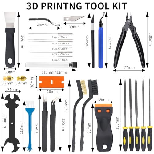 3D Printer Tools Kit, 55pcs 3D Printer Accessories for All FDM/SLA Printers Includes Nozzle Cleaning Tools, Removal Scrapers, Finishing Tools, 5 Types of Files,Brushes, Wire Cutter, Engraving Knife