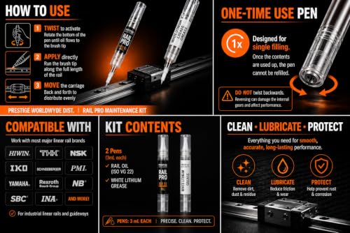3D Oil Pen & Grease Pen Precision Applicators– Twist-to-Dispense Brush for 3D Printers, Laser Engravers, Sewing Machines, Bearings | Prestige Rail PRO LUBE PENS NOn-REFILLABLE (100ML +1 OIL +1 GREASE)