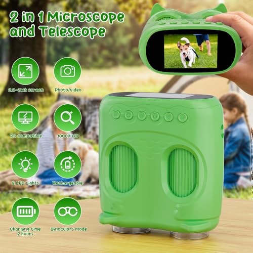 2-in-1 Kids Microscope Telescope, Temodu 2.0" 1000X Digital Microscope for Kids, HD Portable Education Telescope for Kids Birthday Festival Gift, Science Fun Toys for Children Age 4-12 (Green) - color: Green