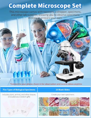 Monocular Microscope,WF10x/25x Eyepieces,40x–2000x Magnification,Up/Down LED,Comes with a Free Experiment Kit & Phone Adapter.Suitable for Students Home and School Lab