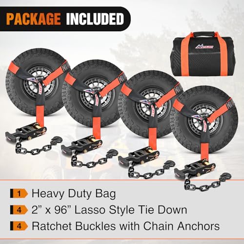 Nilight 2" x 96" Lasso Style Car Tie Down Straps with Chain Hook Anchors - color: 2in x 96in Wheel Straps 4 Pack