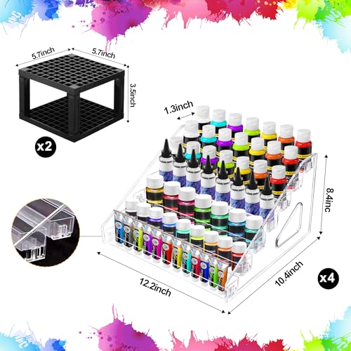 GRETJOB 4 Pcs Clear Acrylic Paint Organizer Rack with 2 Brush Holder, 7 Layer Acrylic Paint Tube Organizer, Snap-On Craft Organizers and Storage for Versatile Storage, No-Tools Setup & Quick Access - color: 4 Set