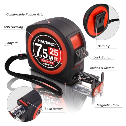 HAUTMEC Tape Measure25ft with Magnetic Hook and Dual Lock, High Carbon Steel Blade Measuring Tape with Clear Imperial Metric Scales for Construction Contractors HT0253 - style: Pro 25ft