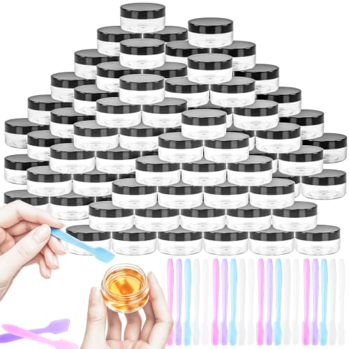 48PCS 10g Empty Clear Containers with Lids,Refillable Makeup Sample Containers, Small Sample Pot Jars Travel Makeup Container with Mini Spatulas for Liquid Powder Creams Lotions,Black Lid - color: Black, size: 10g