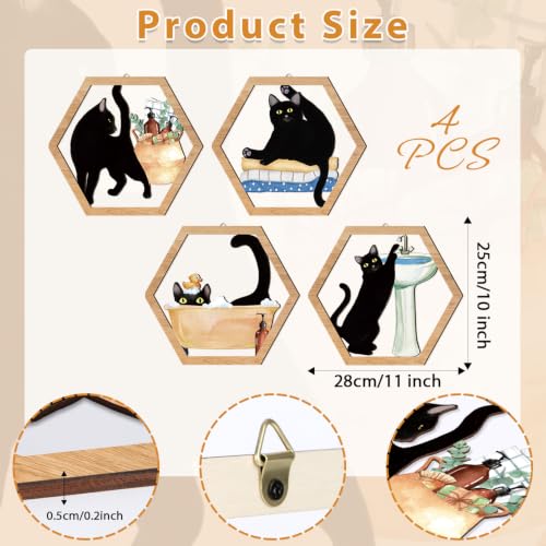 HPNIUB Funny Bathrooms Wall Decor, Black Cats In the Bath Wood Sign, 4 Pieces Farmhouse Wooden Hanging Sign for Toilet Powder Room Restroom Wall Decoration, Lovely Cat Gifts(11''x9.8'') - color: Black cats in the bath