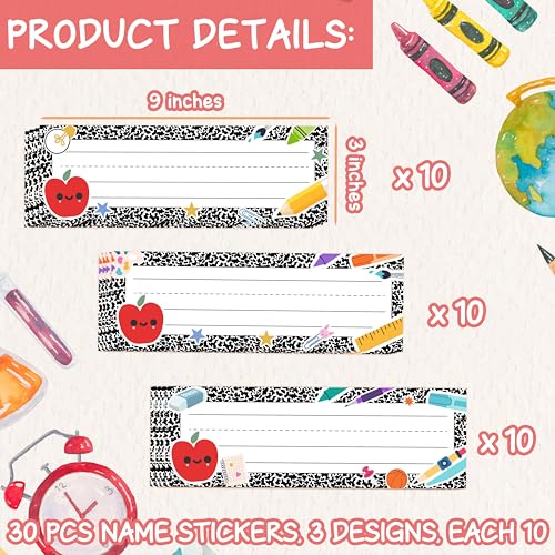 Name Tags for Classroom & Cubby | 3×9 Inches 30 Pcs - style: SMILE APPLE