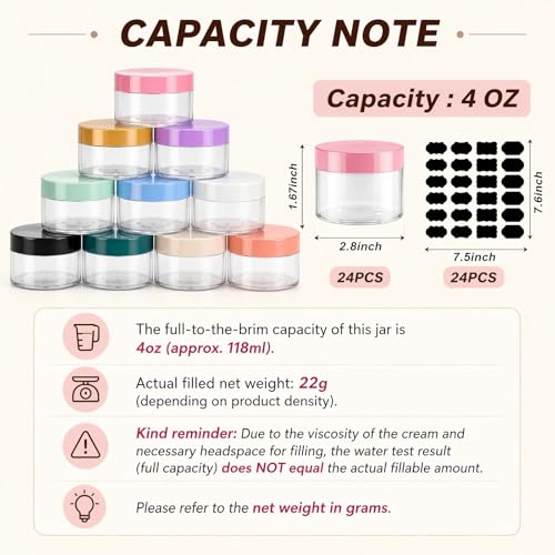 24 Pack 4 oz Clear Cosmetic Jars with Gold Lids and Labels for Body Butter - color: Clear with Gold Lid, size: 4 oz