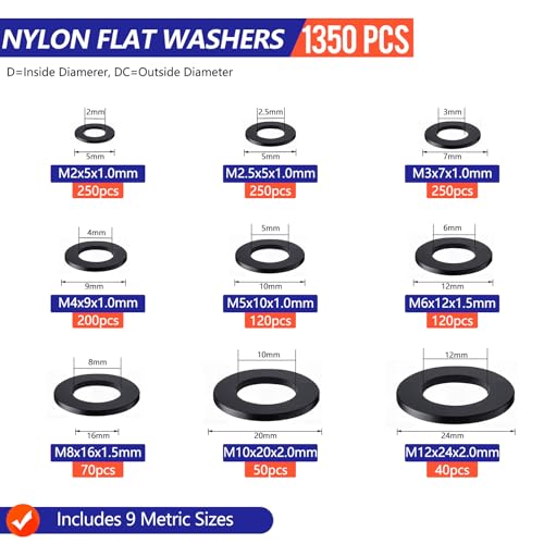 1350 Pcs Nylon Flat Washers Assortment Kit, Black Nylon Washers for Screws and Bolts (M2, M2.5, M3, M4, M5, M6, M8, M10, M12) - color: Nylon Washers-1350Pcs
