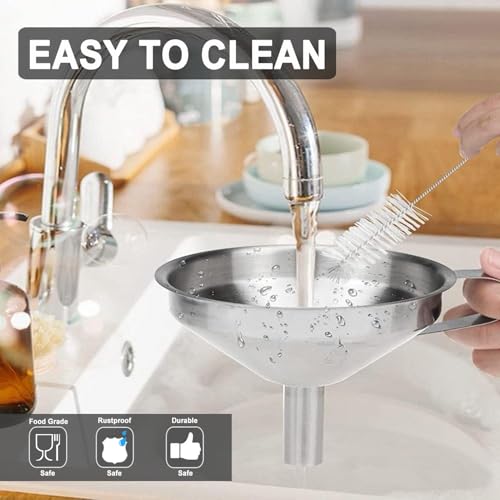 Stainless Steel Funnels for Kitchen use,4PCS Kitchen Metal Funnel with 2 Removable Strainer,Cleaning Brush.Funnel for Filling Bottles,for Transferring of Liquid,Oils,Jam (5.1",3",2.2",1.8") - size: 4pcs Funnel set