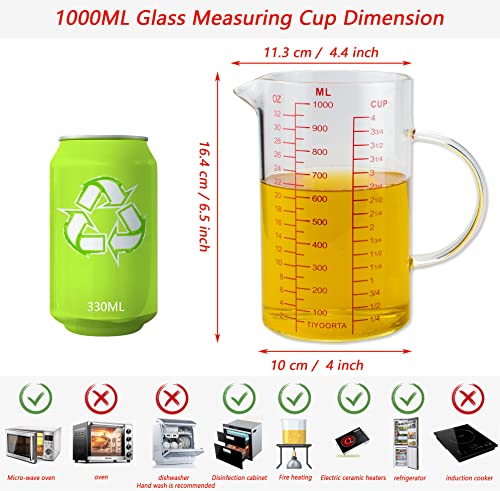 Glass Measuring Cup with Handle, Three Scales (OZ, Cup, ML), V-Shaped Spout, Measuring Beaker for Kitchen or Restaurant, Easy to Read, by TIYOORTA (1000ML RED)