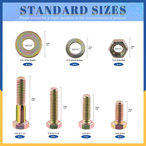 Glarks 120Pcs 5/16"-18 Grade 8 Coarse Thread Hex Bolts Nuts Screws Washers Assortment Kit, 4 Size 3/4", 1", 1-1/4", 1-1/2" Hex Head Cap Screws and Hex Nuts Flat Washers Lock Washers Set