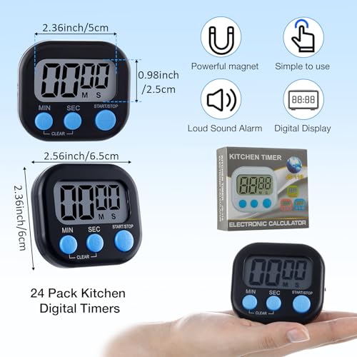 Leumoi 24 Pack Multi-Function Digital Timers with Magnetic Back, Large LCD Display, Loud Alarm, Count up & Countdown, Memory Function for Cooking, Classroom, Study, Exercise & Work(Black and Blue) - color: Black and Blue