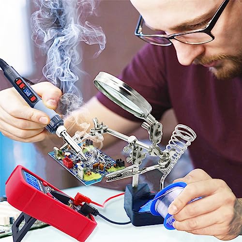 Soldering Iron Kit, 80W Electric Solder iron, Adjustable Temperature (180°C- 500°C), With Multimeter, Magnifier Welding Helping Hand, Heat shrink tubing, Solder Wire, Desoldering pump. - color: Red (14-in-1 Soldering Iron Kit)