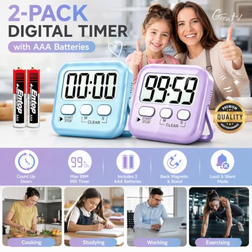 Antonki 2 Pack Digital Timer for Kids Classroom Kitchen Timers for Cooking - color: Lavender Purple + Sky Blue