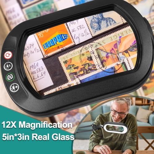 IVMAIE 12X Large Magnifying Glass with Light, Real Glass, 5 Color Modes Stepless Dimmable Magnifier with Stand, LED Lighted Clamp Desk Lamp with Swing Arm, Hands Free for Reading Crafts Close Work - color: Black, size: 29-Inch Swing Arm