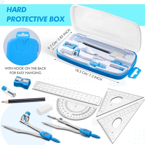 Zonon 10 Pcs Math Geometry Set for Student Compass Protractor, Blue - color: Blue