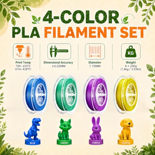 AOSEED PLA Filament Set 1.75mm (±0.02mm), 4-Pack, 200 g (0.44 lb) per Spool - color: Multi-Color (4 PLA)