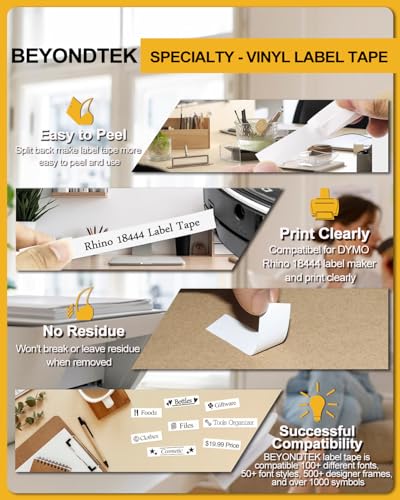 18444 Vinyl Label Tape Work with DYMO Rhino 4200 5200 Label Maker - color: Rhino Black on White