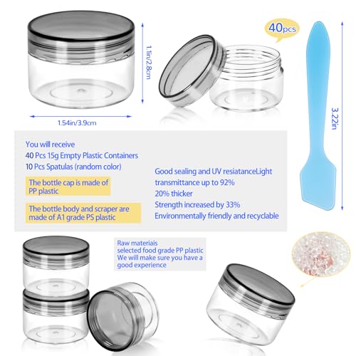 40 PCS 15g Empty Plastic Containers with Black Lids,Small Makeup Sample Containers,0.5oz Small Sample Pot Jars Round Travel Cosmetic Jars with Spatulas for Liquid Powder Cream Lotion - color: Black, size: 15g