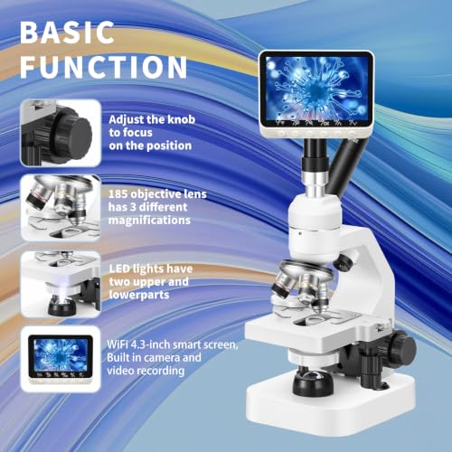 Microscope 40x-2000x Magnification with up and Down LED Lights, Double-Layer Stage, Primary and Secondary School Students, Children's Compound Microscope (+4.3-inch Wireless Screen) - color: White