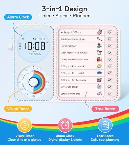 3-in-1 Visual Timer & ADHD Tool for Kids – ADHD Task Timer for Adults with Visual Schedule, Chore Chart & Planning Board for Home, School, Classroom, Work (White) - color: White