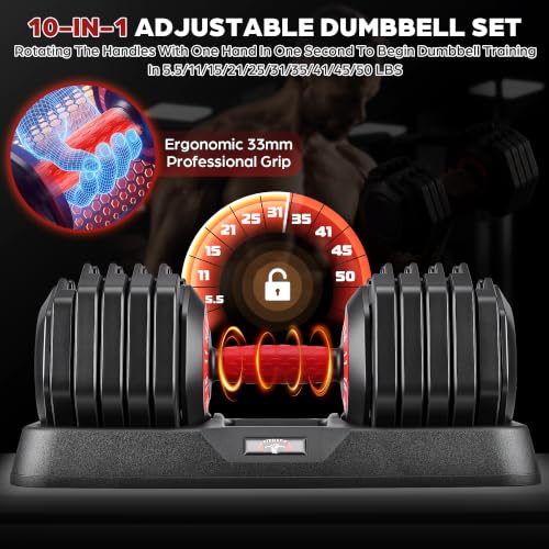 OPPSDECOR Adjustable Dumbbell Set of 2, 10-in-1 Free Weight Set 25/50/55 lb - size: 50LB-Pair