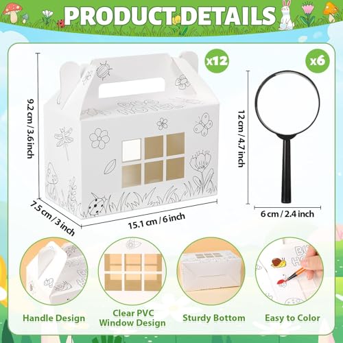 12 Bug Hotels with 6 Magnifiers Color Your Own Cardboard Insect Box Bugs Catchers Critters Collection Insect Gable Box Container with Window for Spring Activity Bug Party Favor School Garden Crafts
